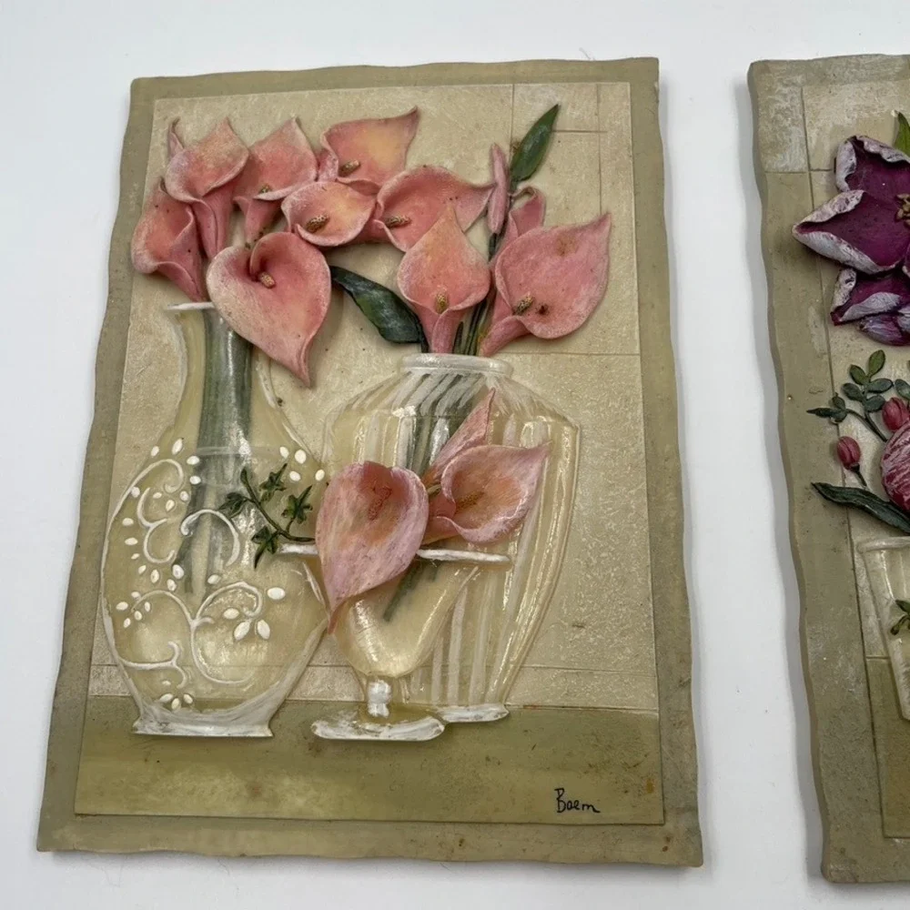 Baem Signed 3D Floral Relief Wall Plaques Set of 2 Calla Lily Purple Flowers 7in